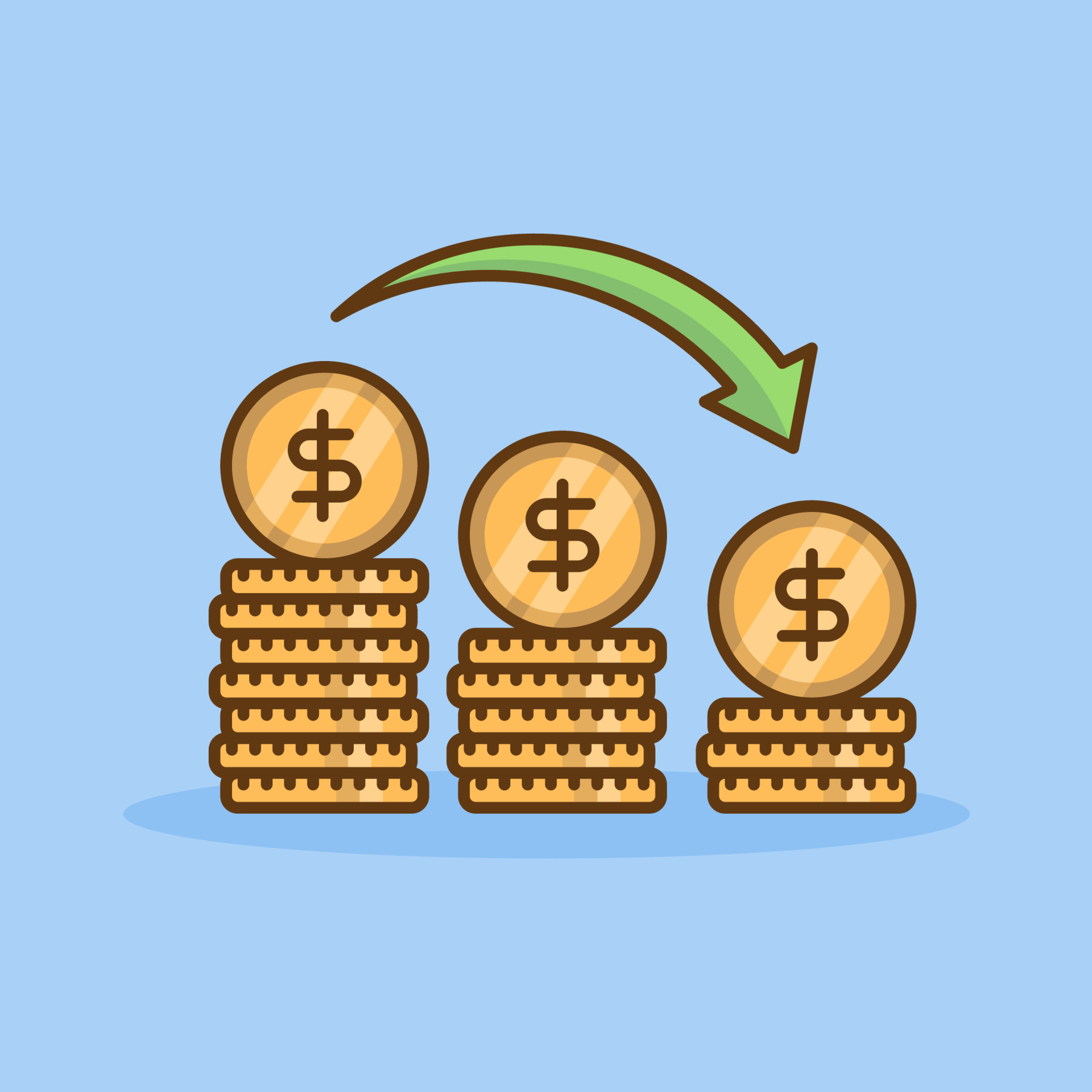 dollar decrease icon in flat style money decrease cartoon illustration vector