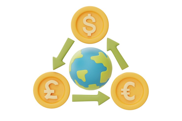 business finance currency exchange conceptglobe with pounddollareuro coin arrowdigital paymentcurrency rate increase statistic3d rendering 265427 1335