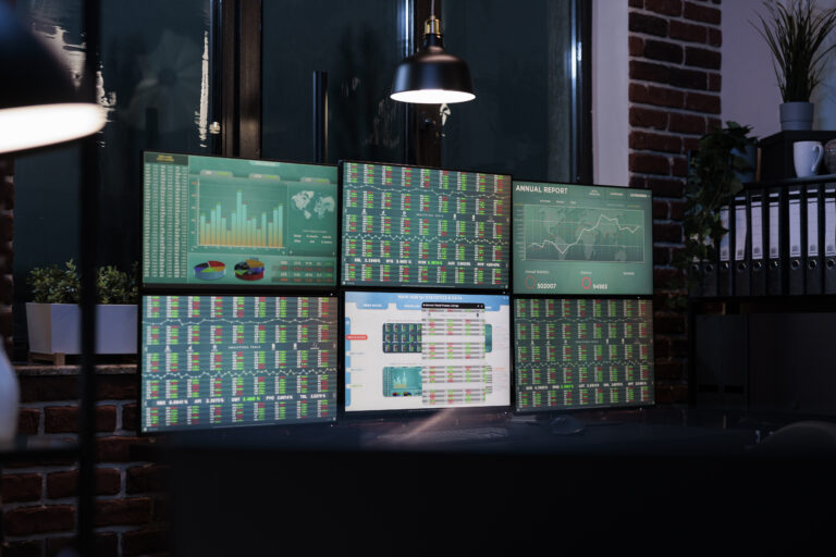 empty interior forex market exchange company office with financial data growth charts multiple displays workspace equipped with workstation having finance statistics real time graph scaled