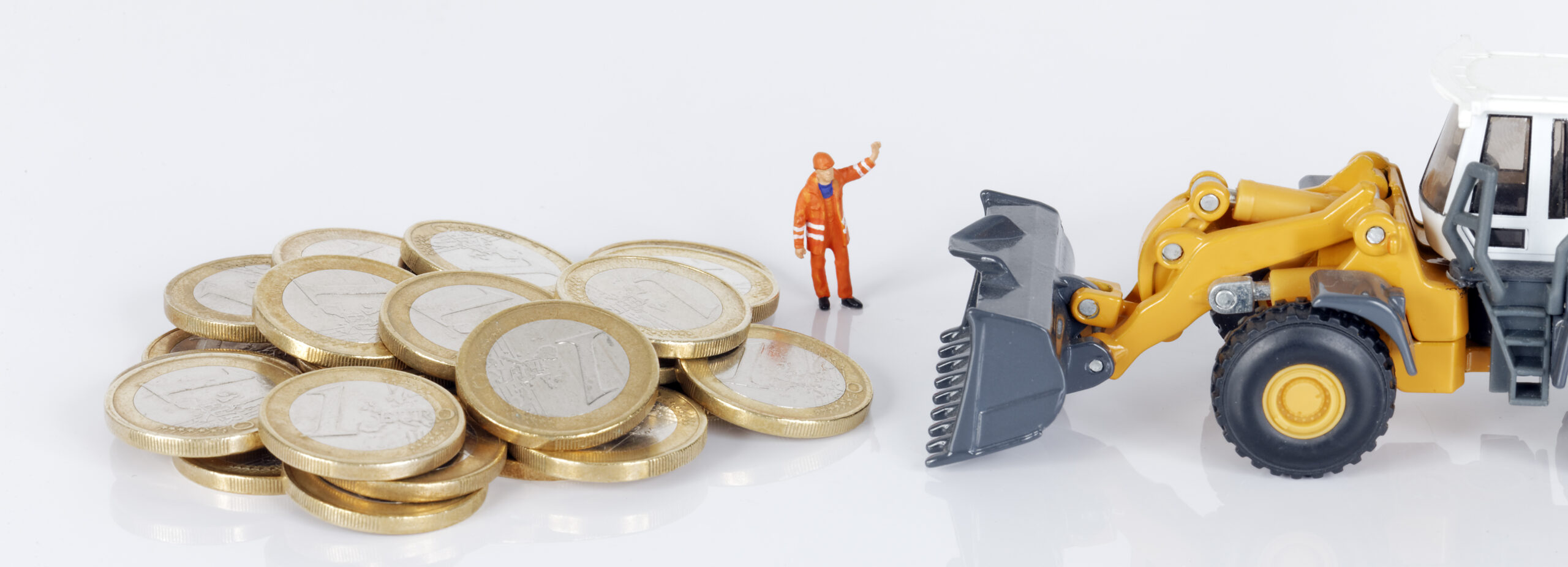 euro money coins with excavator worker white scaled