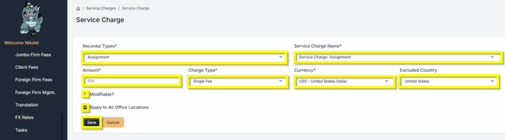 Example Recordal Service Charge