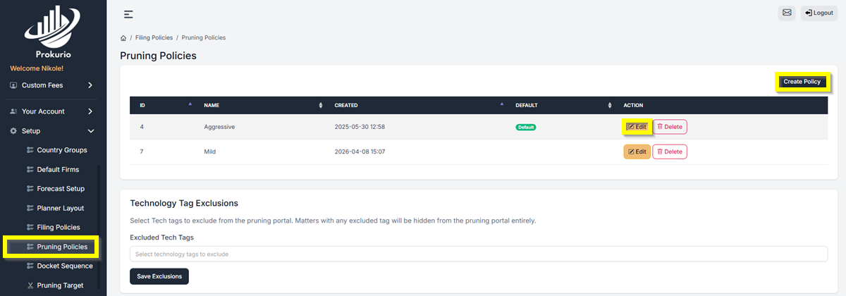 Pruning Policy Set up